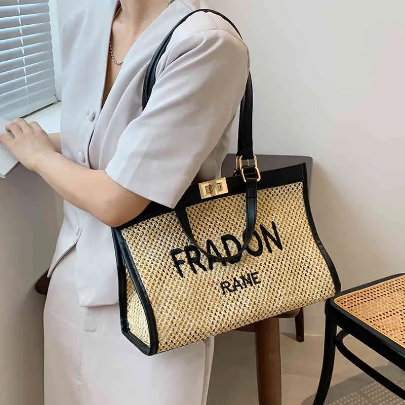 2022 Factory Discounts Summer straw female fashion shopping embroidered thread letter beach bag Single Shoulder Tote Bag