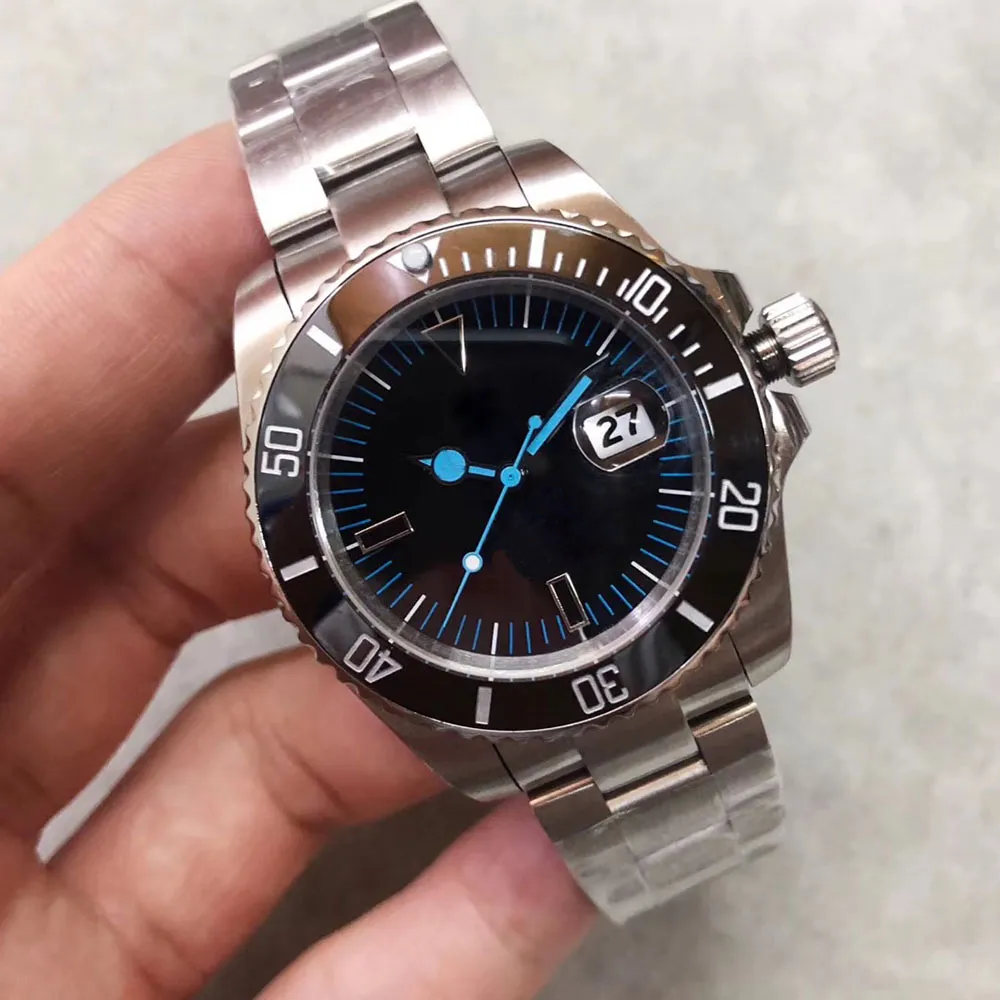 BAMFORD ST9 スチール自動自動日付メンズ腕時計ブルーの手とマーカー素晴らしいセラミックベゼル時計サファイア腕時計