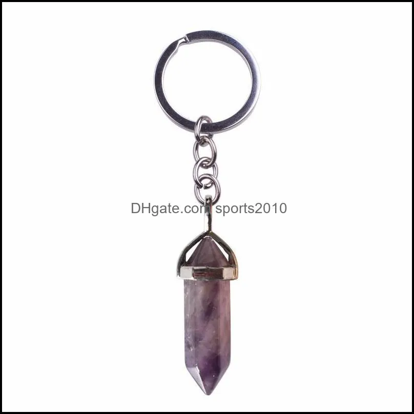 natural stone key rings hexagonal prism keychains silver color healing amethyst pink crystal car decor keyholder for women men