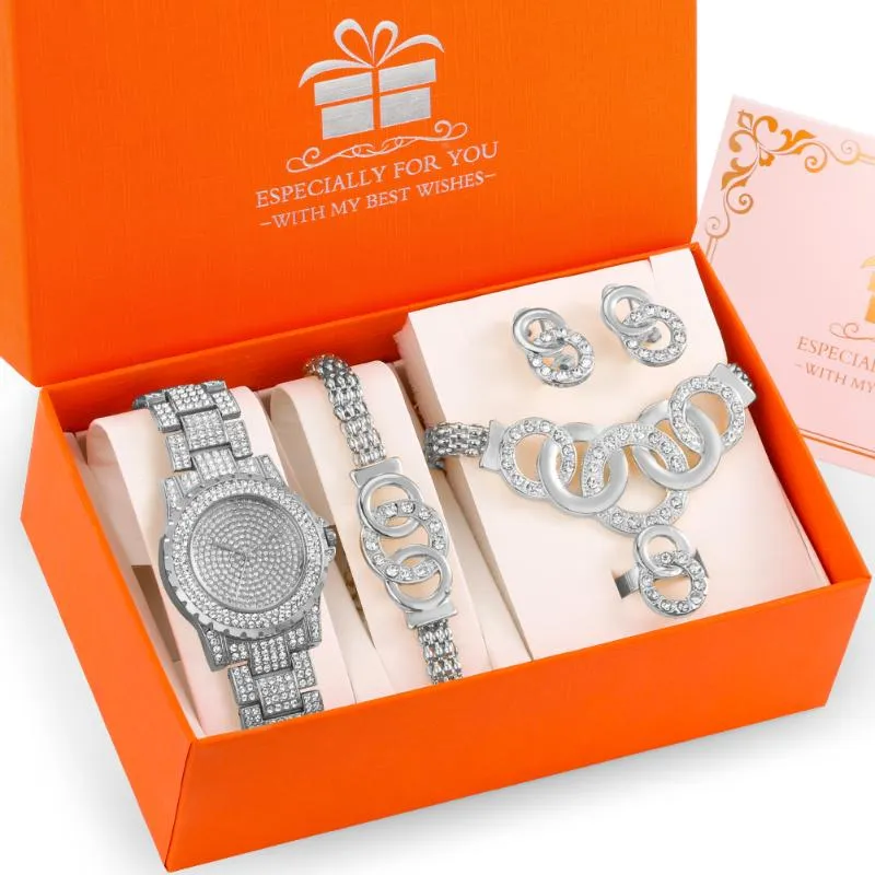 Wristwatches Luxury Silver/Gold 4 Pieces Jewelry Quartz Women's Watch Sets Stylish Female Valentines Birthday Gifts Set Box 2022Wristwat