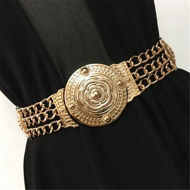 Gürtel Weibliche Goldene Kette Gürtel Frauen Taille Mode Damen Floral Elastischen Breiten Gold Metall Für Kleid Kleidung DecorBelts