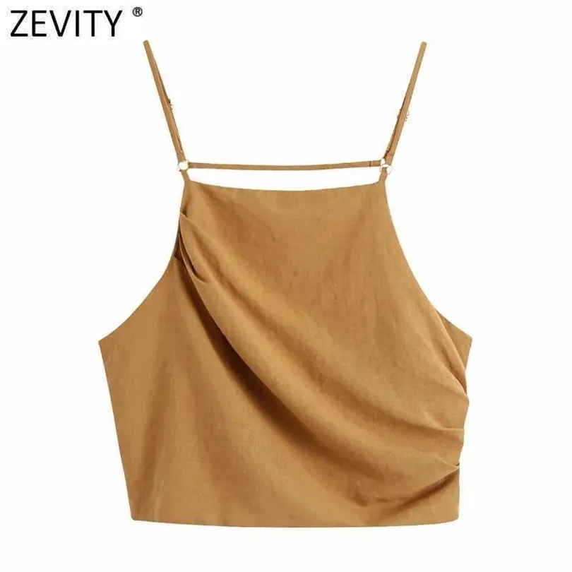 Zevity Women Chic Pleats Design Solid Sling Camis Tank Lets Summer Spaghetti Pasek Krótki kamizelka Backless Tops LS9271 210603