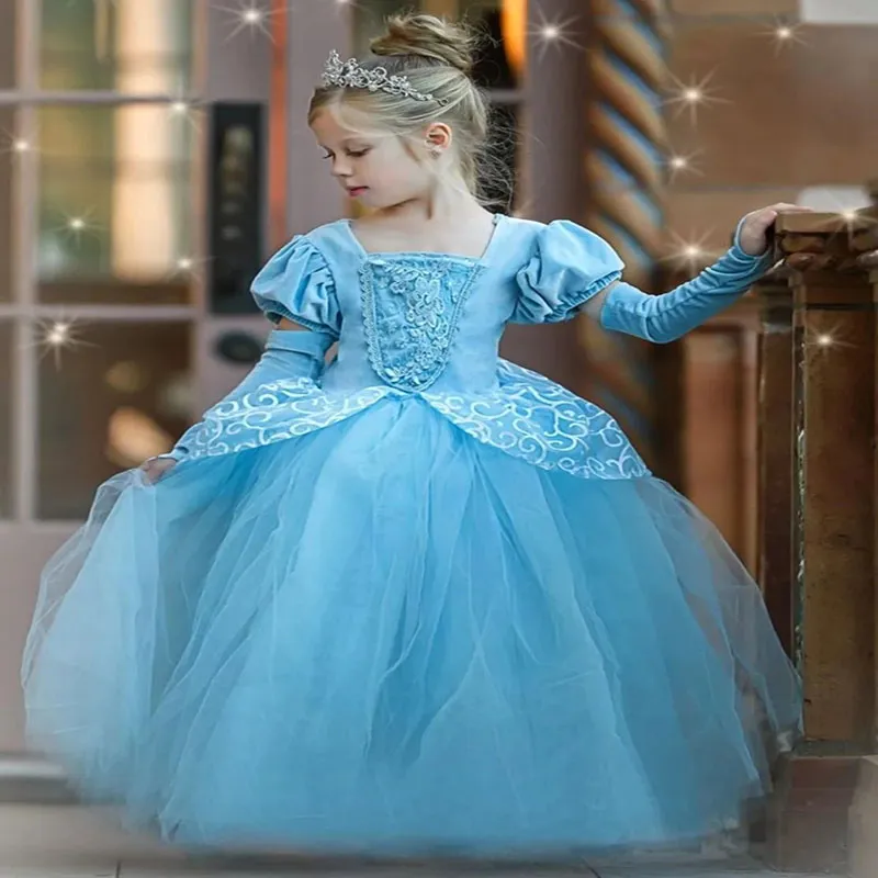 Cinderela baby azul flor de meninas vestidos 2022 Princesa chique uma linha Primeira comunhão Kids Sagrado Vestido de Halloween Festa de Velvet Criança Desgaste 2022