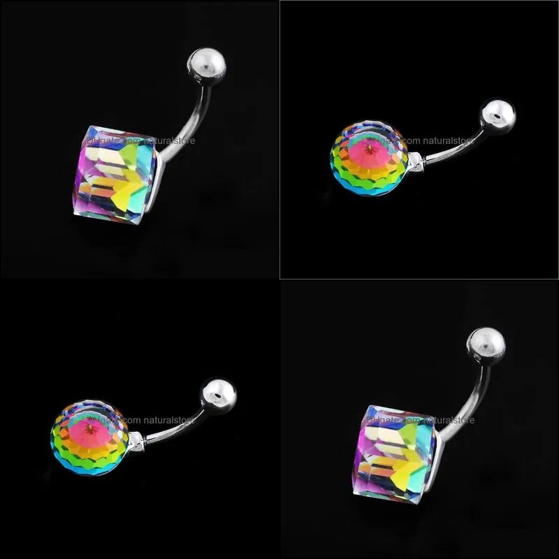 gem crystal surgical steel barbell belly navel rings barbell sexy dangle shiny body piercing jewelry rainbow