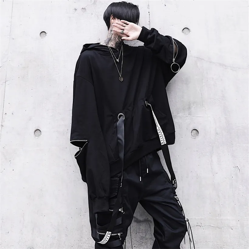 Houzhou Negro Hoodie Goth Sweat Caia Do Outono Techwear Punk Gótico Darkwear Suéter Streetwear Hip Hop Harhjuku 220325