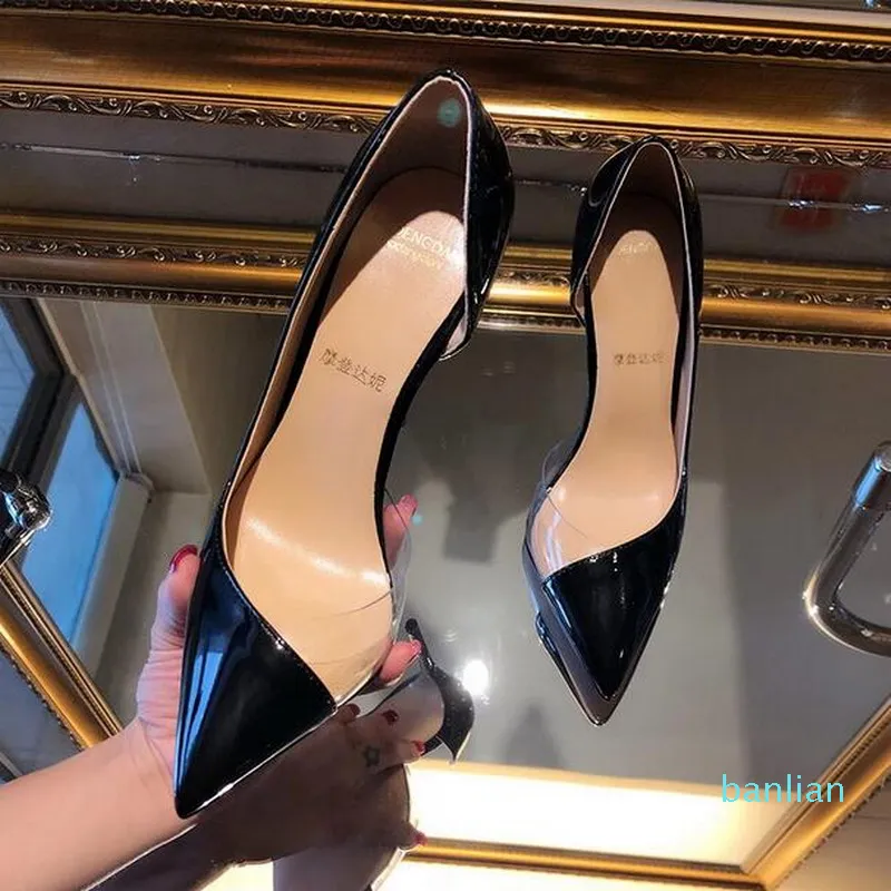 Moda Donna Décolleté Scarpe Nude Cuciture trasparenti Sandali con tacco in PVC Punta a punta Tacchi alti