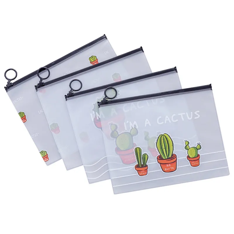 Clear Student Stationery Pen Bag Cactus File Saco Pasta Travel Makeup Lady Beauty Storage Sacos de arquivamento de documentos transparentes Hy0441