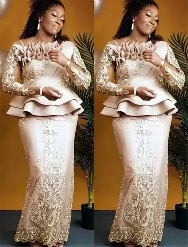 Una pieza 2022 Tallas grandes Árabe Aso Ebi Champagne Encaje Sexy Madre de vestidos de novia Mangas largas Vaina Vintage Prom Noche Vestidos de fiesta formales Vestido