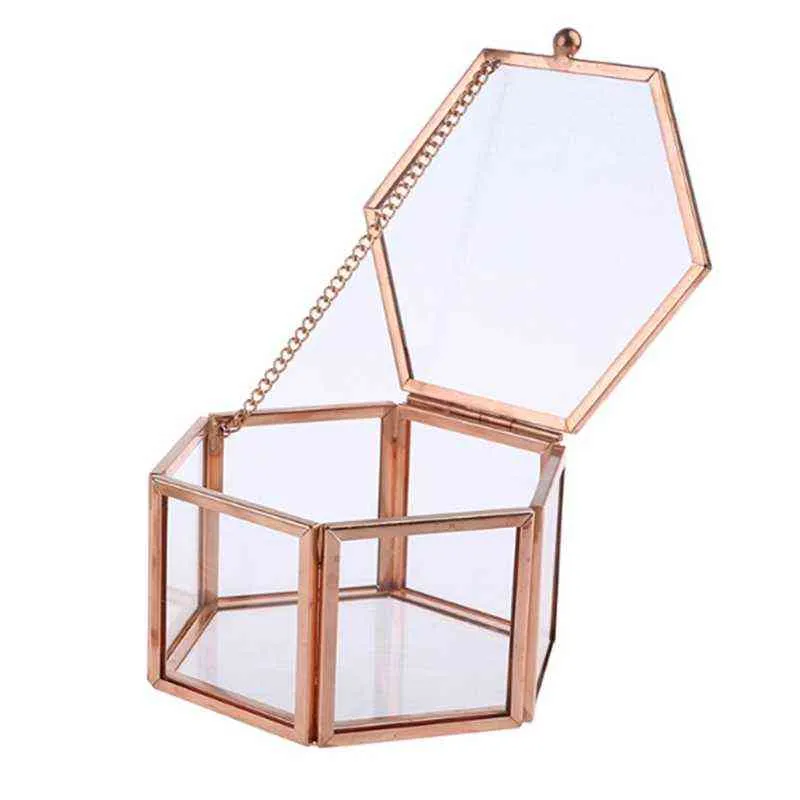 Hexagon Transparent Rose Gold Glass Ring Box Wedding Ring Box Geometric Clear Glass Jewelry Box Organizer TabletopHolder H220505
