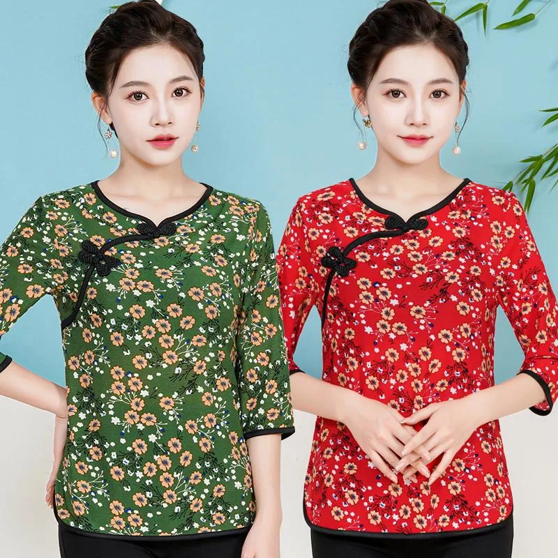 Bloups feminina camisas retro chinesas blush de três quartos de manga floral camisa de verão fivela de fivela oriental woman topswomen's