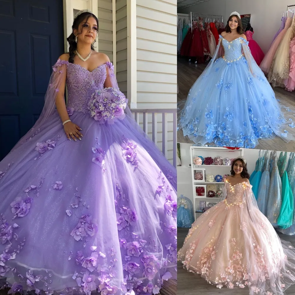 Robe Quinceanera Lilas 2023 avec Cape Paillettes Florales 3D Tulle Puffy Sweet 16 Robes Robes De 15 Ans Corset À Lacets Dos Bleu Ciel Rose Jaune NL