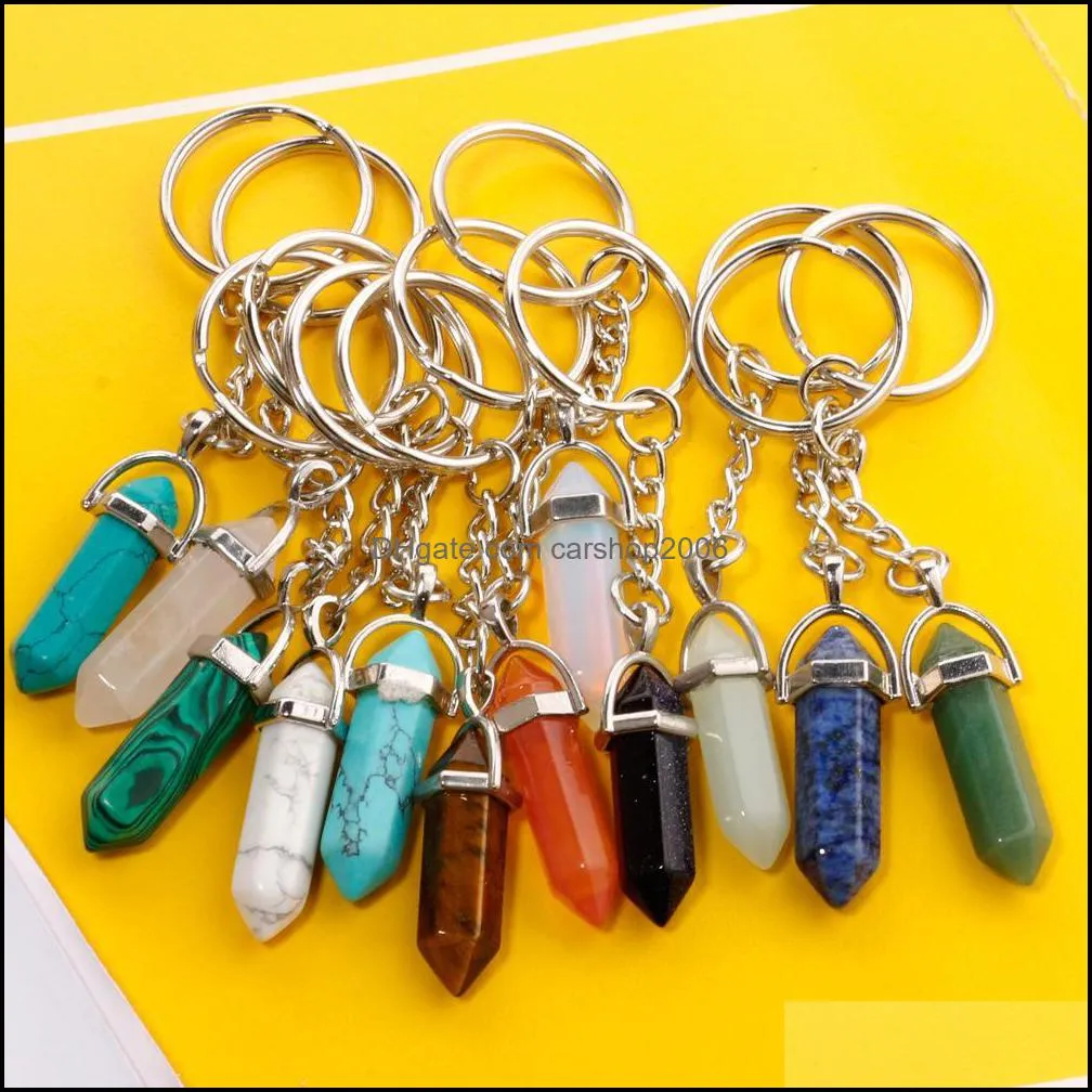 Nyckelringar Natural Stone Chain Ring Hexagonal Prism Keychain Amethyst Rose Quartz Tigers Eye Opal Crystal Keyring Cars Carshop2006 DHQBT