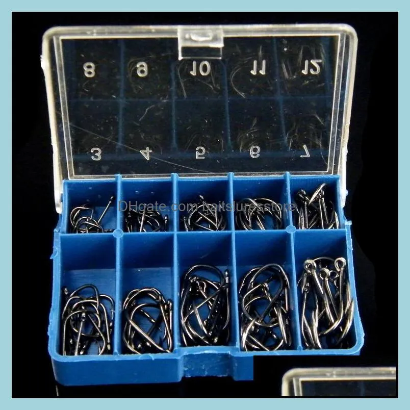 100pcs/1box Black/Silver/Gold Ise Hook High Carbon Steel With Hole Barbed Hooks Fishing Hooks Fishhooks 3#-12# Blue Box