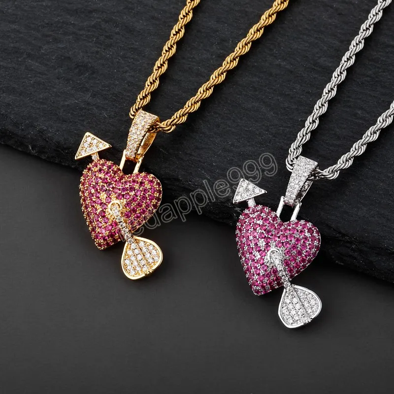 Iced Out Solid Heart ketting hanger met pijl goud zilveren kleur bling kubieke zirkoon heren hiphop ketens sieraden voor cadeau