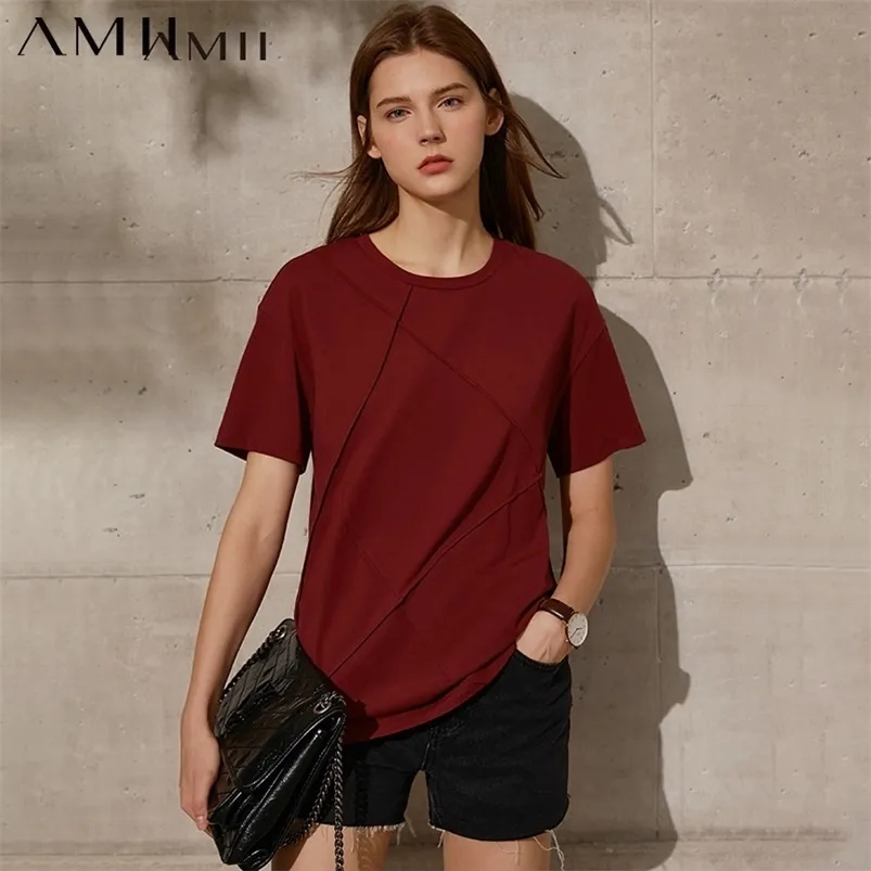 Amii Minimalism Spring Summer Women s Tshirt Tops Causal Solid Cotton Oneck Geometry Loose Female Tshirt 12160010 210317