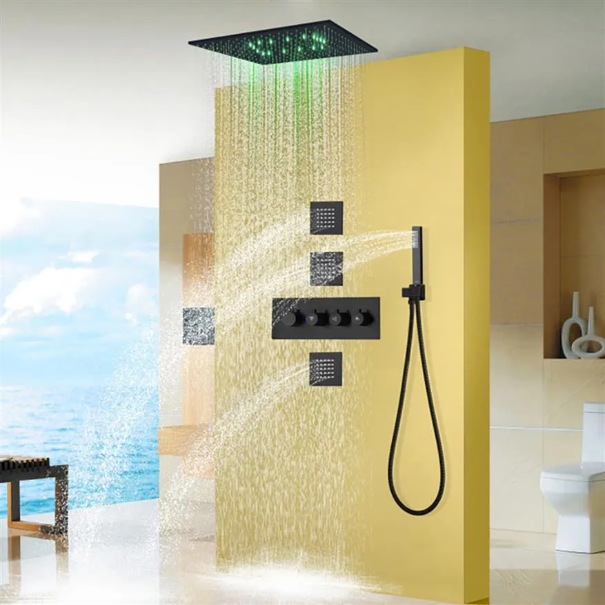 ブラシをかけられた雨のタイプLEDシャワーシステムセット40 * 40cmの天井が取り付けられている長方形の大きな浴室の高級ミストレイン真鍮サーモスタット2670
