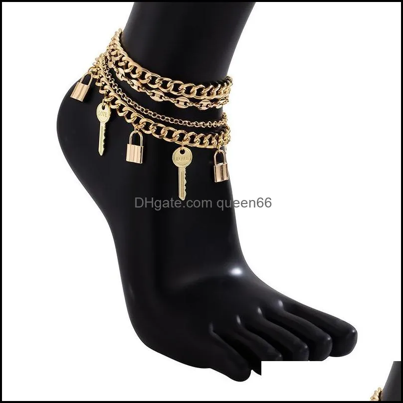 Anklets smycken retro diamantlås nyckel handuppsättning metall strand mti-lager pärla yoga bohemisk designer ihålig kombination handgjorda kedja legering r