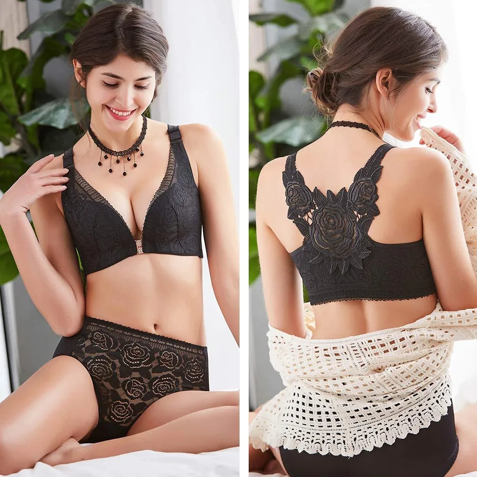 Women Front Closure Underwear Bras Print Floral Lace Back Push Up Non  Padded Wire Free Bralette Bra Plus Size From Luote, $11.51