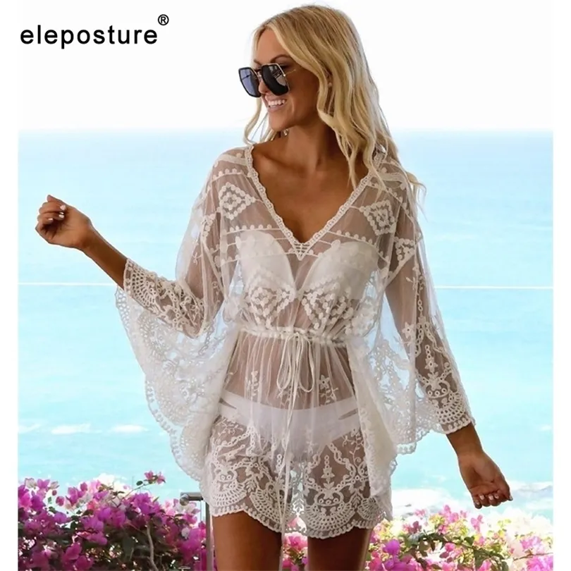 Sexy Mesh Beach Cover Up Lace Beach Dress Women Bikini Swimsuit CoverUp Long Sleeve Beach Tunics Bathing Suits CoverUps T200324