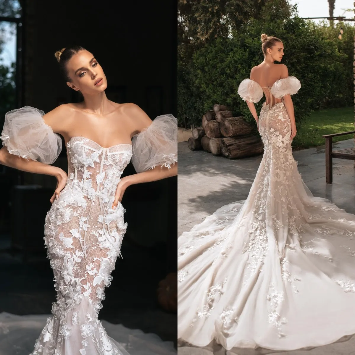Berta 2022 Свадебные платья русалки с рукавом с рукавом 3D аппликационные цветочные свадебные платья vestido de novia