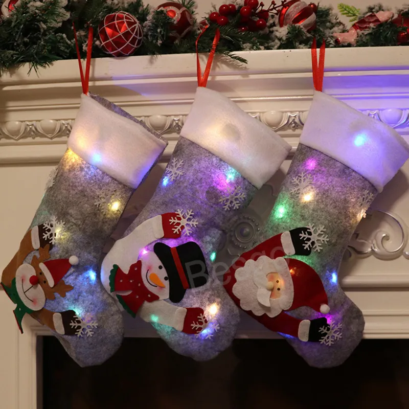 Meias de Natal com Light Santa Claus Bolsa de Presente de Candy Sacos de Snowman Bolsas de neve de Elk Sock Sock Tree Holding Decoration Socks BH7282 TYJ