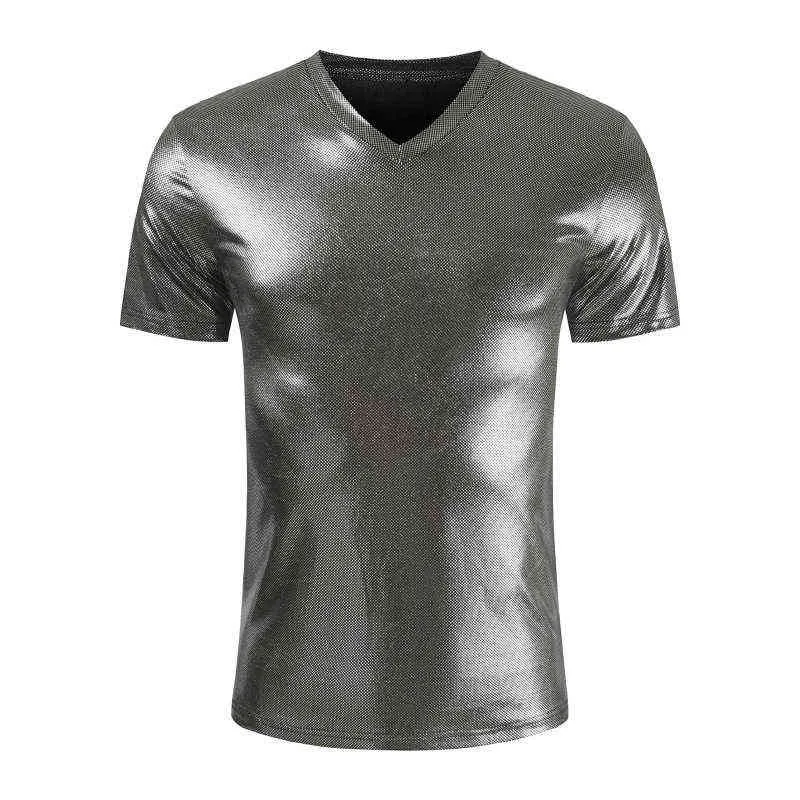 Męskie błyszczące metalowe koszulki Hipster Slim Fit V Szyja Krótki rękaw T Shirt Men Dj Stage Piosenkarka nocna koszulka balowa homme 3xl L220704