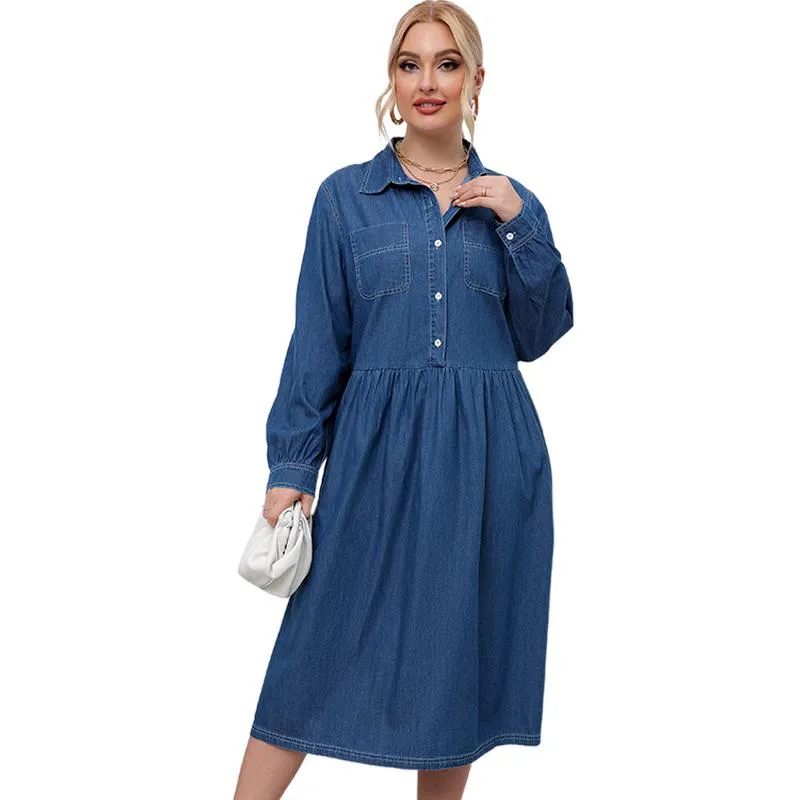 Plus storlek klänningar överdimensionerade casual kvinnor höst sundress mode lapel hals långärmad solid denim skjorta klänning vestidos robe femmeplus