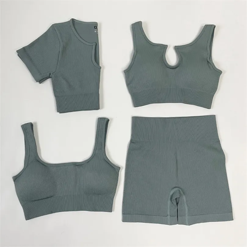 Gerippte Workout-Outfits für Frauen, nahtloses Yoga-Set, Gymnastikkleidung, kurzärmeliges Crop-Top, hohe Taille, Leggings, Sportanzug 220330