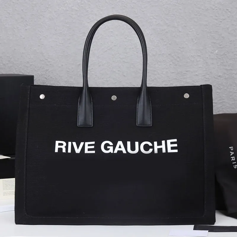 Rive Gauche Tote Shoppingväska Kvinnor Canvas Handväska Läderhandtag Märke Bokstäver Stor kapacitet Ficka Toppkvalitet Strandaxelväskor Snap-Fastener