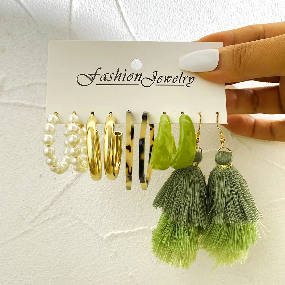 5 par Kobiety BOHO Dangle Green Warstered Fringe Kolczyki Zestaw Kreatywne proste Pearl Ear Studs Biżuteria