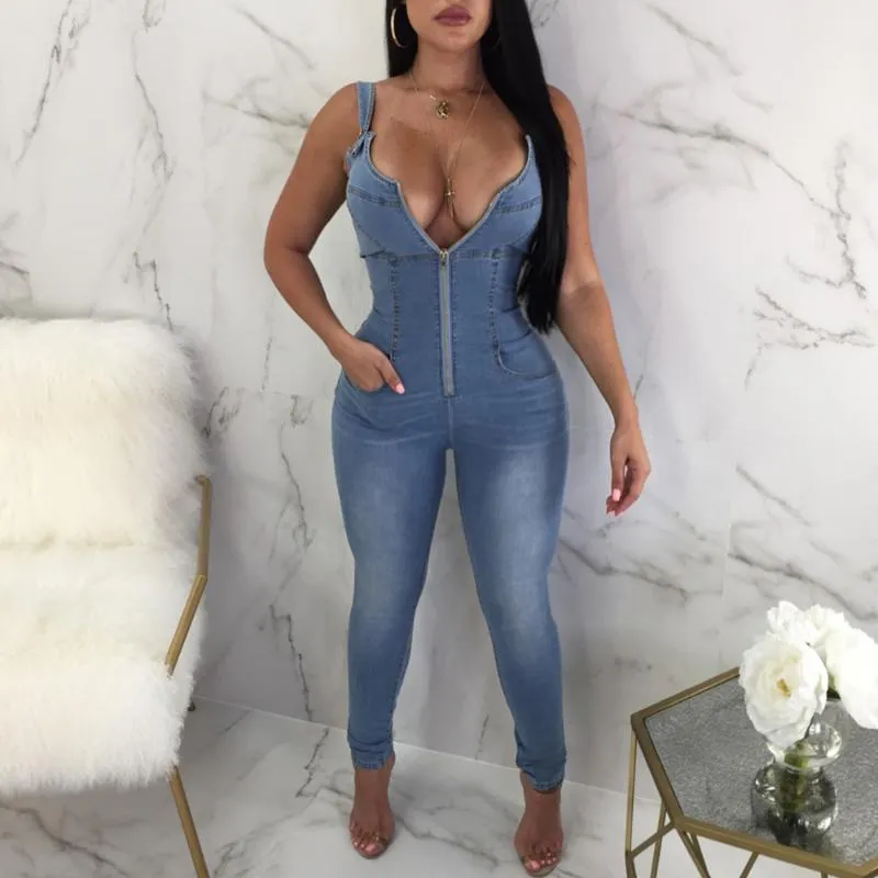 Combinaisons pour femmes Barboteuses Femmes Jarretelles Combinaison Spaghetti Strap Denim Jeans Sans Manches Dos Nu ZIPPER Sexy Salopette Salopette Slim Nig