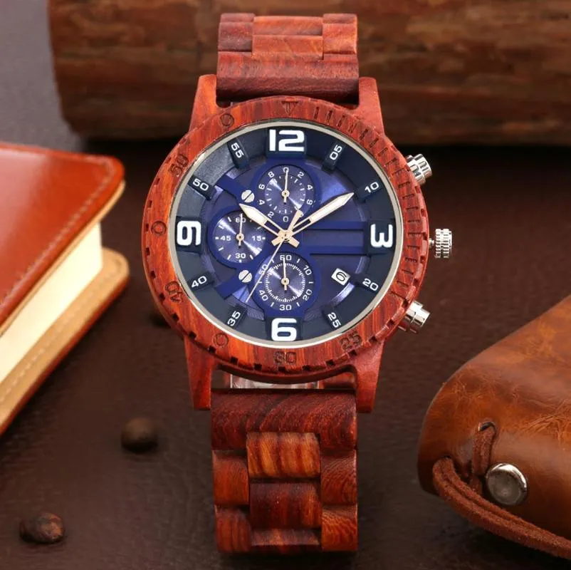 Orologi da polso da uomo Cronografo Orologio in legno Montre Orologi militari in legno rosso completamente regolabili Luxury Reloj Hombre DropOrologi da polso