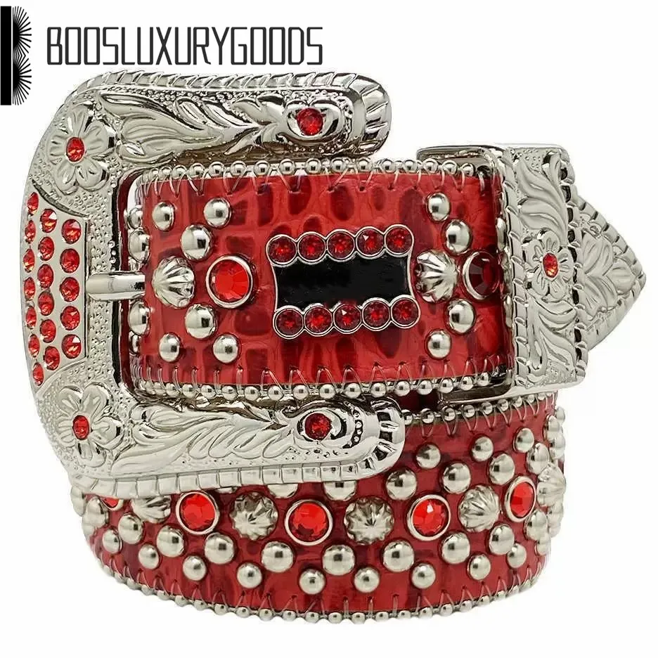 AA112 r Riem Bb Simon Riemen voor Mannen Vrouwen Glanzende Diamanten Riem de Trojan Red Jet AB Cintura Uomo Boosgoods