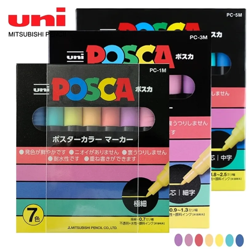 7 цветов света Uni POSCA PC-3M / 1M / 5M РЕКЛАМА Граффити Hight Pen Акрил ручка 210226