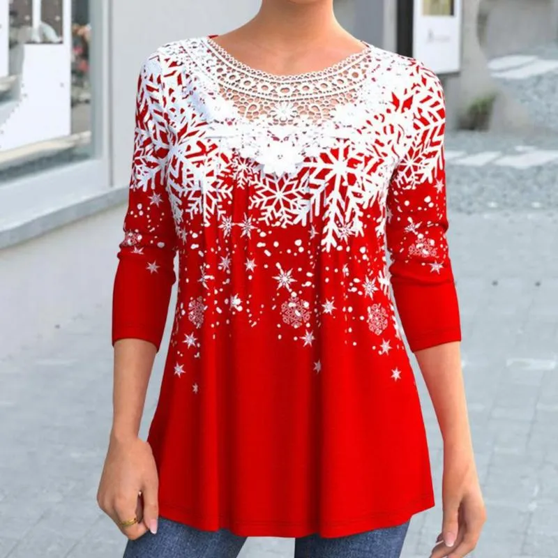 Women's Blouses & Shirts Pullover Top Charming Long Sleeves Fine Workmanship Xmas Snowflake Pattern Tee Shirt Female ClothesWomen's