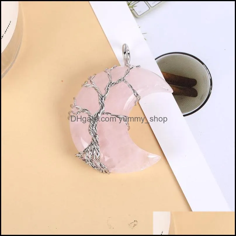 wire wrapped moon charms natural stone pink quartz healing crystal amethyst pendants for necklace making