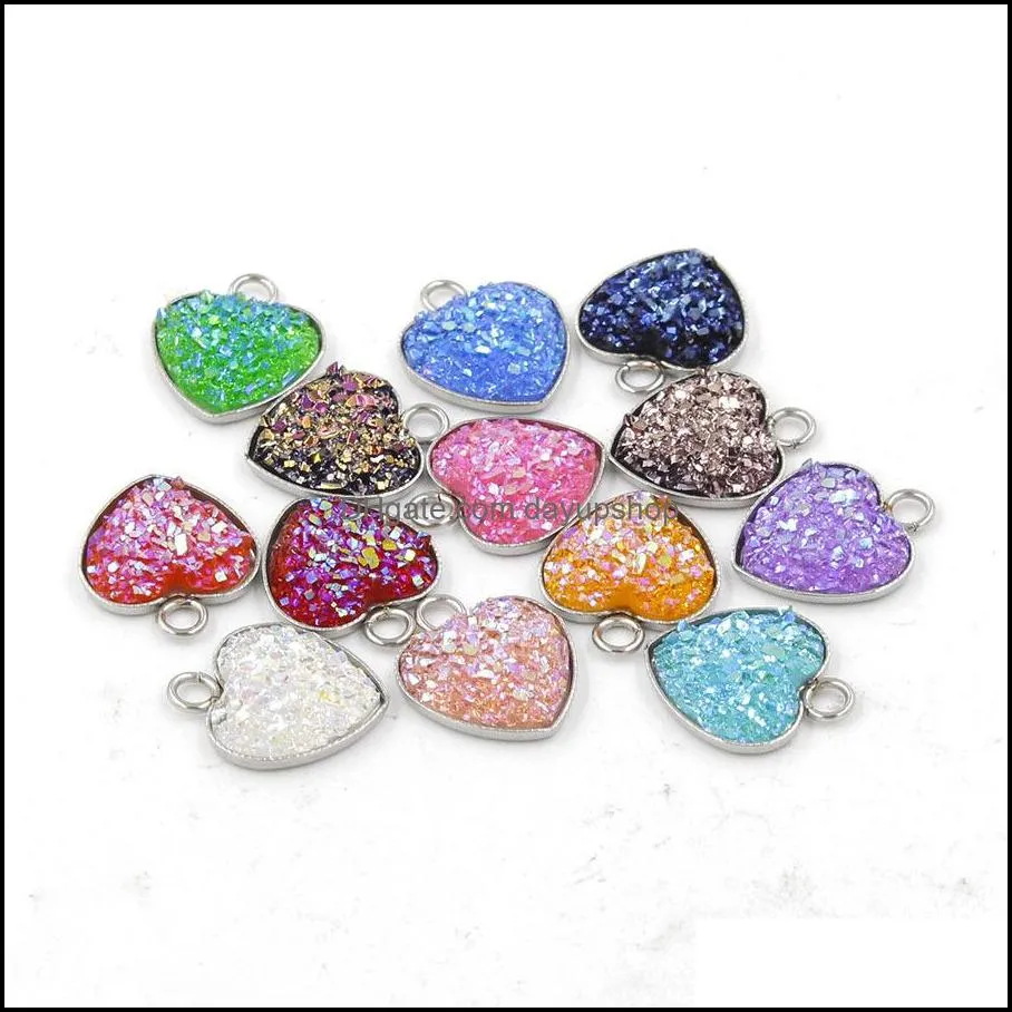 stainless steel love heart druzy stone pendant 13mm bling heart-shaped charm for necklaces fashion diy jewelry making bulk