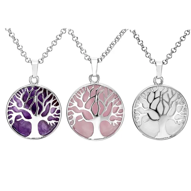 Collier de pierres précieuses arbre de vie en pierre naturelle, cristaux de guérison Chakra Reiki, pendentif rond, bijoux