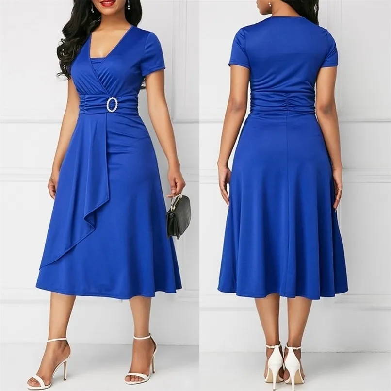 Mode elegante vrouwen stevige kleur korte mouw v nek asymmetrische zoom taille strakke midi feestjurk dames avondvestidos 220617