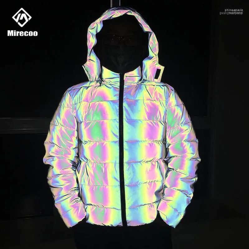 Puffer Lazer Yansıtıcı Kış Ceket Erkekler Gökkuşağı Kapitone Ceketler Parka Ceket Moda Hip Hop Giyim Streetwear1 Phin22