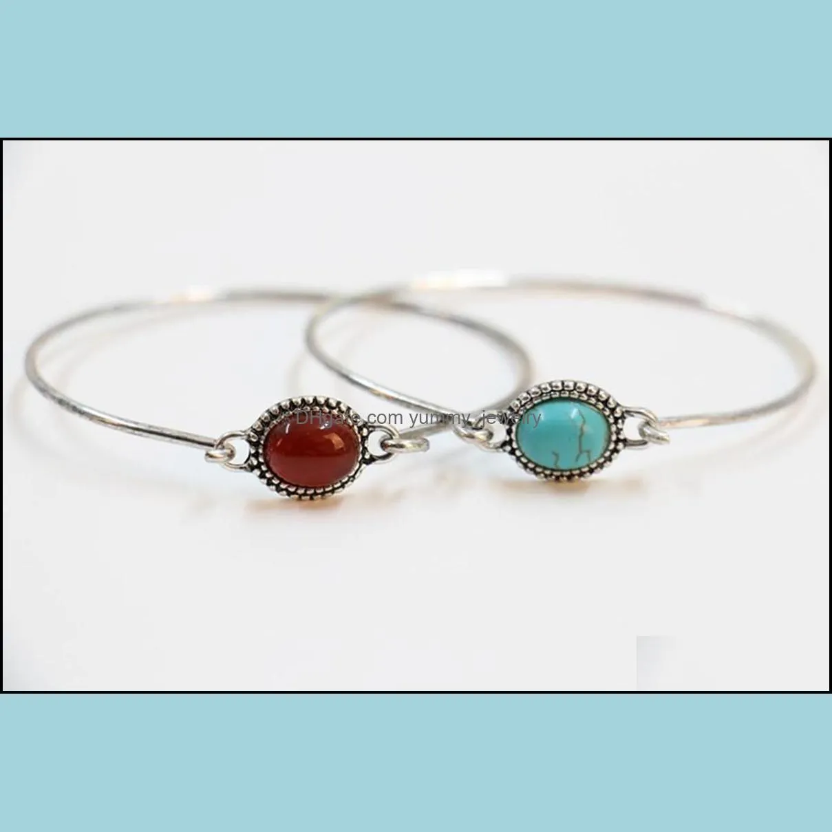 Fashion Blue or Red stone bangle Retro style antique silver plated bracelets Design for women and girl