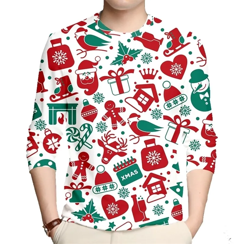 Mode Xmas Tee Shirt 3D Santa Clause Cerf Imprimer Chemises Casual Manches Longues T-shirt DIY Design Plus La Taille Sportwear Drop 220708