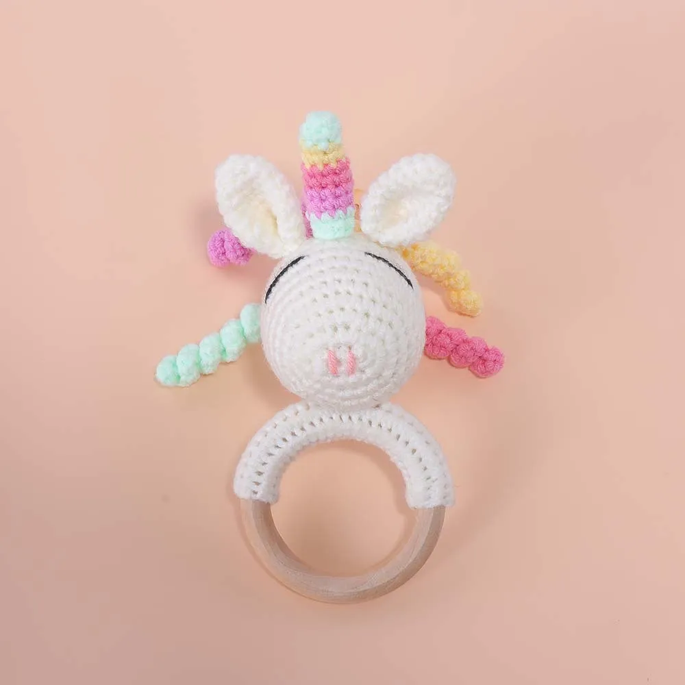DIY Crochet Unicorn Doll Hand Bell Teething Toys With Wooden Ring Aden