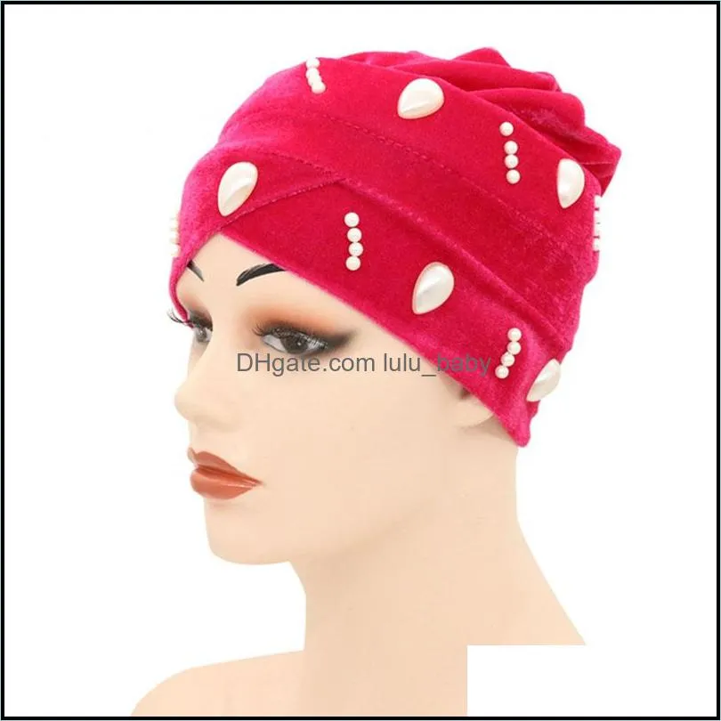 women girl solid color elastic caps bandanas pearl hats turban head wrap headwear fashion hair accessories