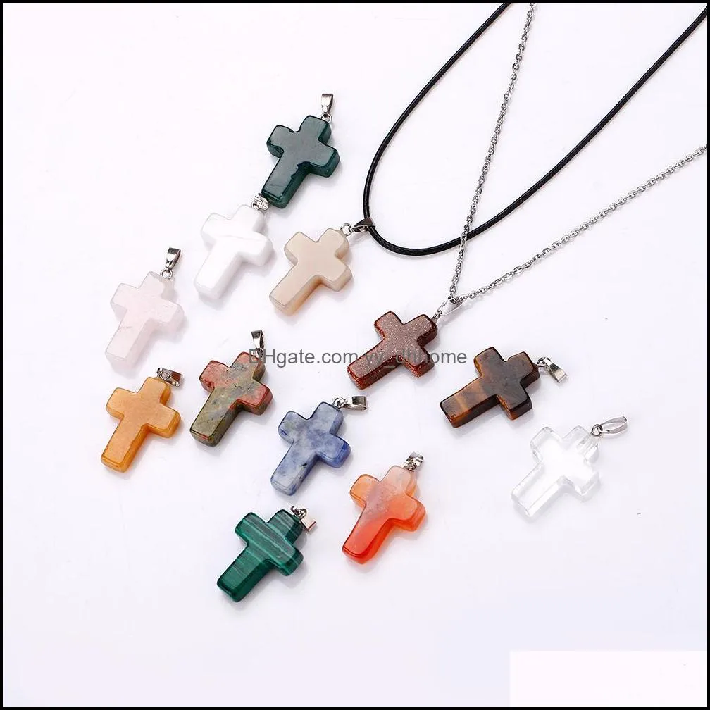 Pendant Necklaces Pendants Jewelry Natural Crystal Rose Quartz Stone Cross Shape Necklace Chakra Healing F Dhnth