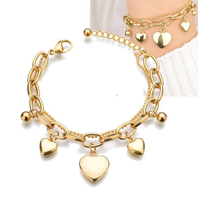 18K guldpläterad dubbelskiktad hjärta charm armband rostfritt stål smycken för kvinnor gåva