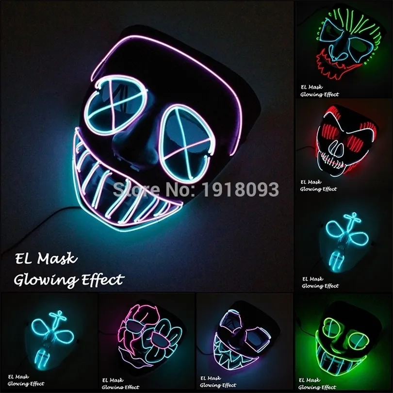 Nyaste El Wire Mask 13 Stil tillgänglig Freight Mask LED Strip Light Mask Decor för nyhetsbelysning Party Supplies T200907