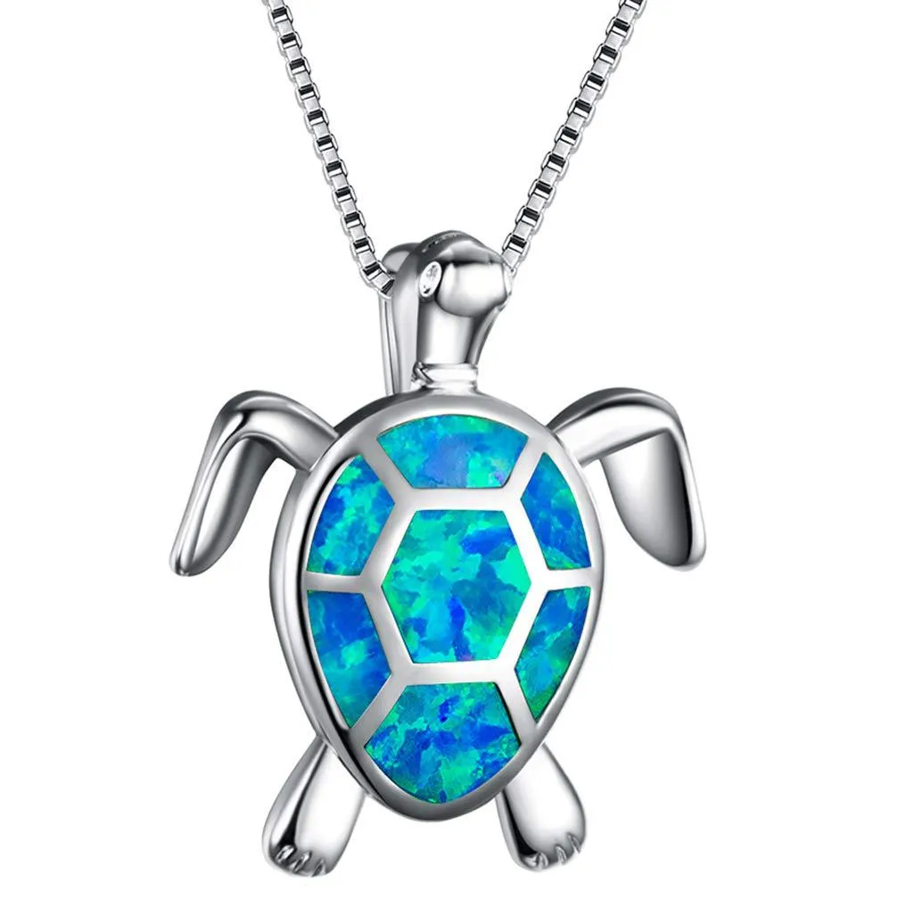 Silver Hawaiian Jewelry Sea Turtle Pendant with White Opal Pendant Necklace For Women