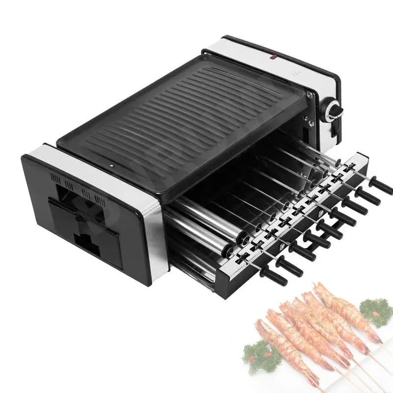 Machine automatique de barbecue sans fumée Kebab électrique Grill rotatif Poêle Rôtisserie Teppanyaki Barbecue Poêle à frire antiadhésive Brochette Plaque chauffante