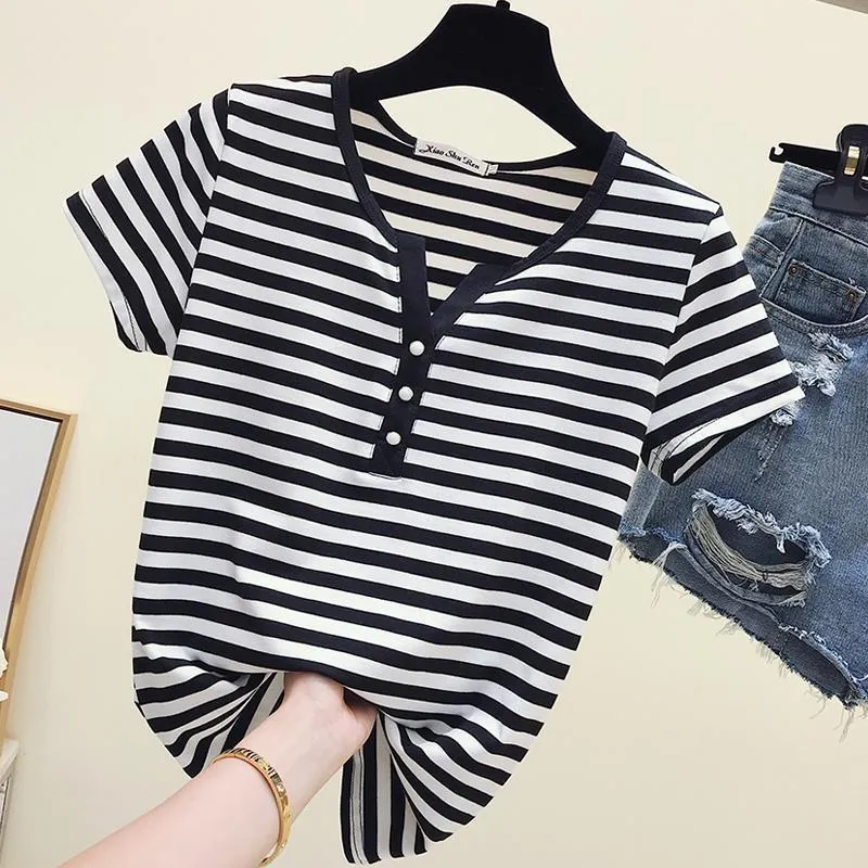 Fashion Short Sleeve T Shirt Female Women Black White Striped Tshirt Cotton 2022 Summer Tee Lady Tops Basic Plus Size Women's T-Shirt